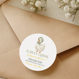 Pegatina Redonda Silly Goose Sage Green Gender Neutral Baby Shower