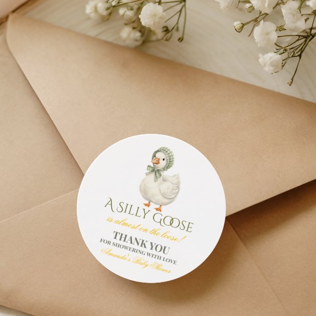 Pegatina Redonda Silly Goose Sage Green Gender Neutral Baby Shower (Subido por el creador)