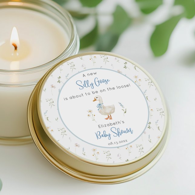 Pegatina Redonda Silly Goose Wildflower Blue Bow Baby Shower (Subido por el creador)