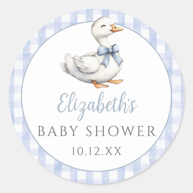 Pegatina Redonda Silly Little Goose Blue Gingham Baby Shower (Anverso)