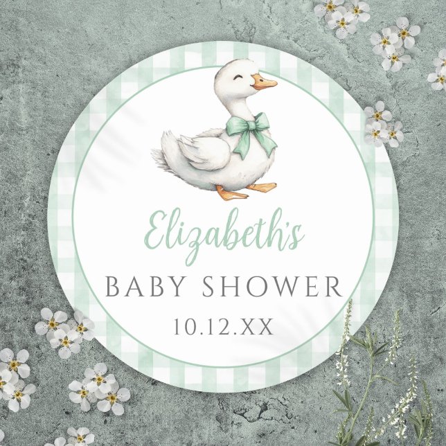 Pegatina Redonda Silly Little Goose Green Gingham Baby Shower (Silly Little Goose Green Gingham Baby Shower Classic Round Sticker)