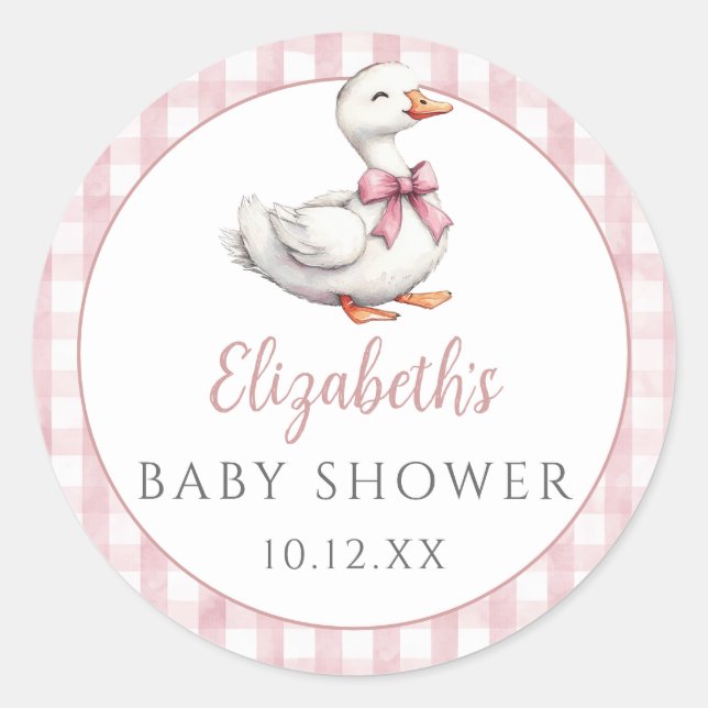 Pegatina Redonda Silly Little Goose Pink Gingham Baby Shower (Anverso)