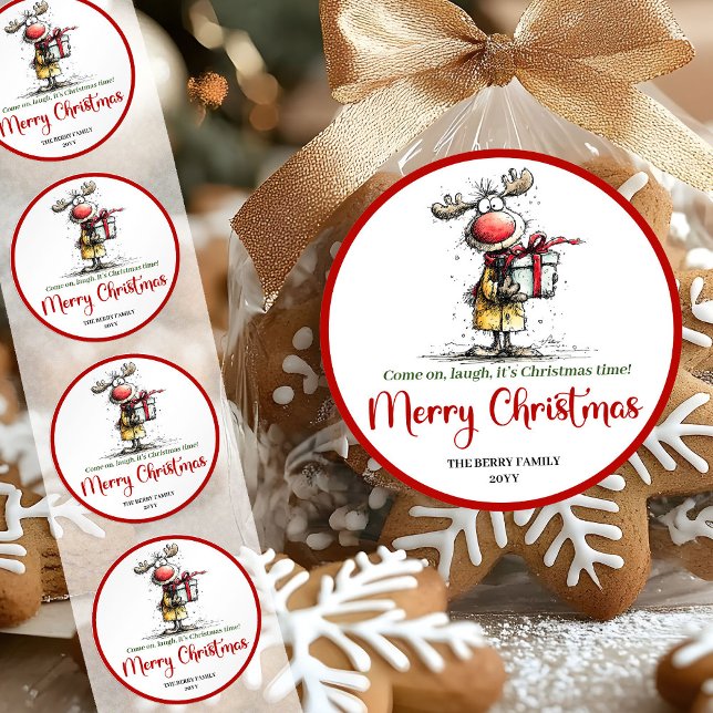Pegatina Redonda Silly whimsical reindeer sticker funny deer charm (Whimsical quirky reindeer Christmas sticker design)