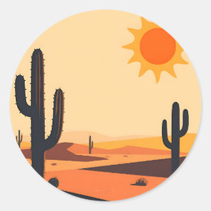 Pegatina Redonda Silueta de cactus del desierto al atardecer