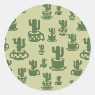 Pegatina Redonda Silueta de cactus suculenta en tazas y macetas