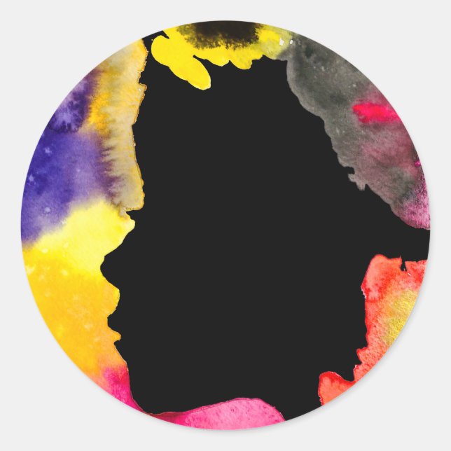Pegatina Redonda Silueta de dama de girasol arte acuarela (Anverso)