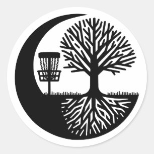 Pegatina Redonda Silueta de Disc Golf en Blanco y Negro