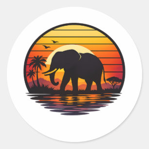 Pegatina Redonda Silueta de elefante de puesta de sol retro