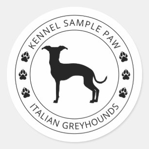 Pegatina Redonda Silueta de galgo italiano con patas y texto