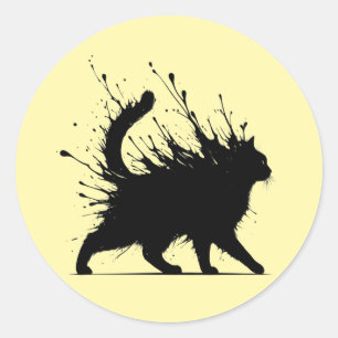 Pegatina Redonda Silueta de gato de salpicadura de tinta