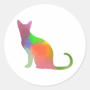 Pegatina Redonda Silueta de gato en acuarela