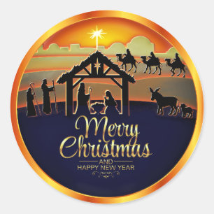 Pegatina Redonda Silueta de la Natividad "Feliz Navidad"