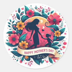 Pegatina Redonda Silueta de madre e hija Floral Día de la Madre