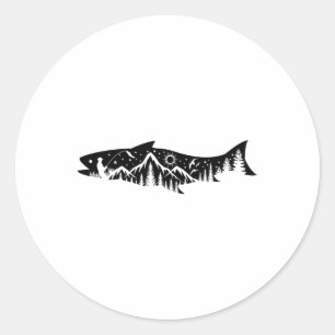 Pegatina Redonda Silueta de montaña del bosque de pesca Aventura al