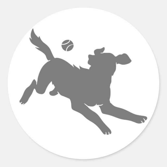 Pegatina Redonda Silueta de perro con bola (Anverso)