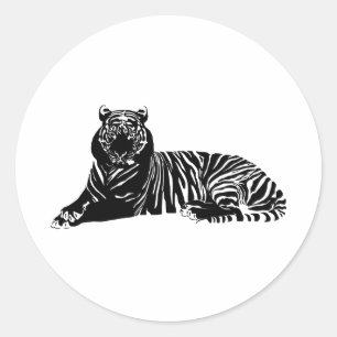 Pegatina Redonda Silueta de tigre relajante con rayas blancas y neg
