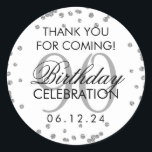 Pegatina Redonda Silver 90th Birthday Gracias Purpurina<br><div class="desc">Elegante 90º cumpleaños "Gracias" Purpurina de Faux Plata Confetti plantilla de etiqueta de favores.</div>