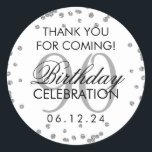 Pegatina Redonda Silver 90th Birthday Gracias Purpurina<br><div class="desc">Elegante 90º cumpleaños "Gracias" Purpurina de Faux Plata Confetti plantilla de etiqueta de favores.</div>