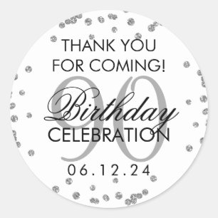 Pegatina Redonda Silver 90th Birthday Gracias Purpurina