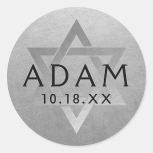 Pegatina Redonda Silver Bar Mitzvah Bat Mitzvah Star of David Name