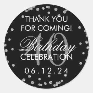 Pegatina Redonda Silver Black 40th Birthday Gracias Confetti