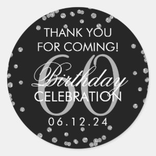 Pegatina Redonda Silver Black 60th Birthday Gracias Confetti