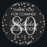 Pegatina Redonda Silver Black 80th Birthday Gracias Purpurina<br><div class="desc">Elegante Purpurina de cumpleaños número 80 "Gracias",  plantilla de etiqueta de favores negro Confetti,   de Faux Plata.</div>