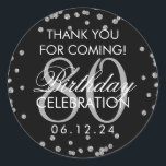 Pegatina Redonda Silver Black 80th Birthday Gracias Purpurina<br><div class="desc">Elegante Purpurina de cumpleaños número 80 "Gracias",  plantilla de etiqueta de favores negro Confetti,   de Faux Plata.</div>