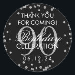 Pegatina Redonda Silver Black 90th Birthday Gracias Purpurina<br><div class="desc">Elegante 90º cumpleaños "Gracias" Purpurina de Faux Plata Confetti Negro plantilla de etiqueta de favores.</div>