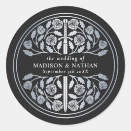 Pegatina Redonda Silver Black Royal Medieval Sword Wedding 