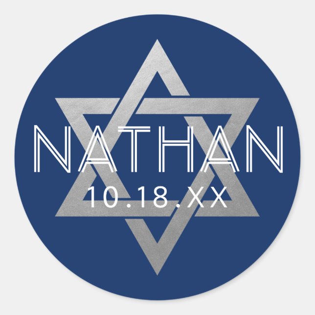 Pegatina Redonda Silver Blue Bar Mitzvah Star of David Personalizad (Anverso)