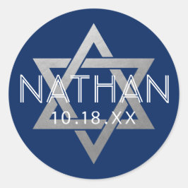 Pegatina Redonda Silver Blue Bar Mitzvah Star of David Personalizad