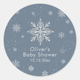 Pegatina Redonda Silver Blue Magical Winter Snowflake Baby Shower 