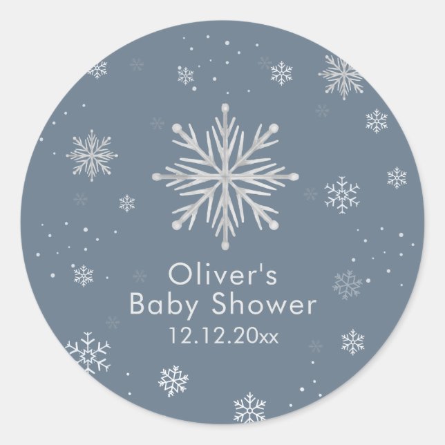 Pegatina Redonda Silver Blue Magical Winter Snowflake Baby Shower  (Anverso)