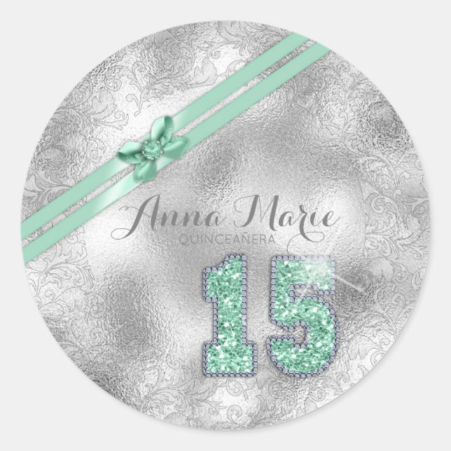 Pegatina Redonda Silver Brocade Decimoquinto cumpleaños Mint Green  (Anverso)
