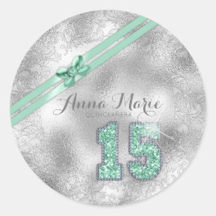 Pegatina Redonda Silver Brocade Decimoquinto cumpleaños Mint Green