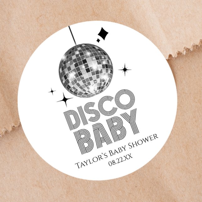 Pegatina Redonda Silver Disco Ball 'Disco Baby' Baby Shower (Subido por el creador)