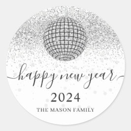 Pegatina Redonda Silver Disco Ball Saluda al Fiesta de Nochevieja d