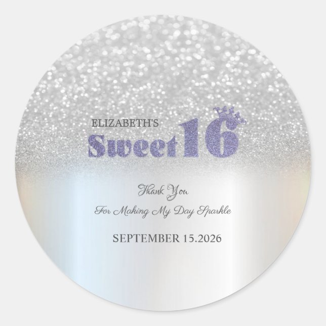 Pegatina Redonda Silver Glitter Bokeh Sweet 16 Crown (Anverso)