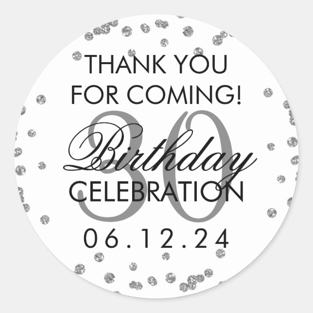 Pegatina Redonda Silver Gracias a 30 años Purpurina Confetti (Anverso)