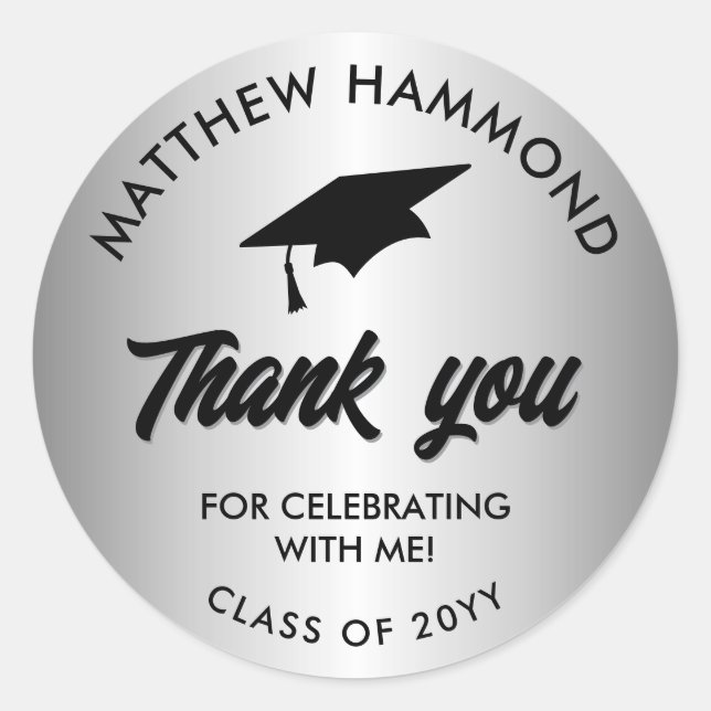 Pegatina Redonda Silver Graduating Class Thank You Grad Cap (Anverso)