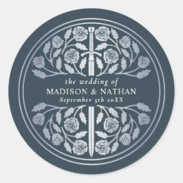 Pegatina Redonda Silver Gray Royal Medieval Sword Wedding 