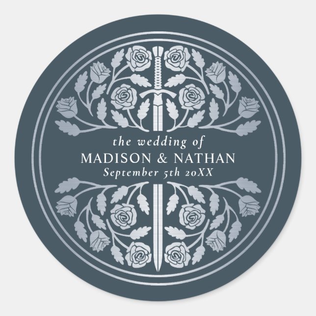 Pegatina Redonda Silver Gray Royal Medieval Sword Wedding  (Anverso)