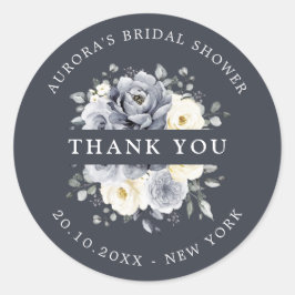 Pegatina Redonda Silver Grey Ivory Floral Bridal Shower Gracias