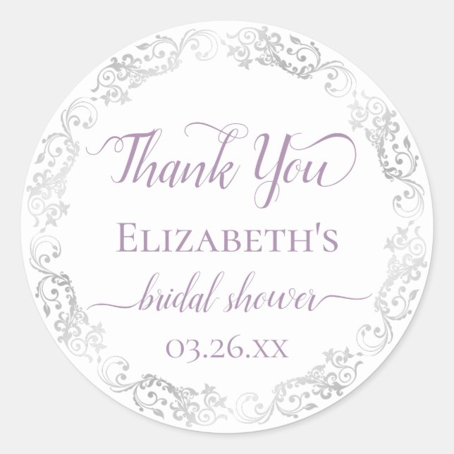Pegatina Redonda Silver Lace and Lavender Bridal Shower Thank You (Anverso)