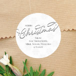 Pegatina Redonda Silver Merry Christmas Personalizado<br><div class="desc">Añada un toque de elegancia a sus regalos de vacaciones con nuestras etiquetas de Feliz Navidad, con escritura de caligrafía plateada y diseño tipográfico elegante. Decoradas con delicados copos de nieve de invierno, estas etiquetas de regalo clásicas combinan la lujosa inscripción con un sencillo fondo blanco minimalista para una moda...</div>
