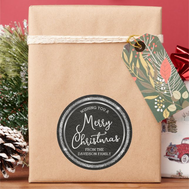 Pegatina Redonda Silver Merry Christmas Personalizado (Vacaciones)