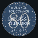 Pegatina Redonda Silver Navy Blue 80th Birthday Gracias Purpurina<br><div class="desc">Elegante Purpurina de cumpleaños número 80,  "Gracias",  plantilla de la etiqueta azul de la Marina Confetti,   de Faux Plata.</div>
