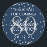 Pegatina Redonda Silver Navy Blue 80th Birthday Gracias Purpurina<br><div class="desc">Elegante Purpurina de cumpleaños número 80,  "Gracias",  plantilla de la etiqueta azul de la Marina Confetti,   de Faux Plata.</div>