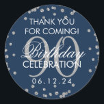 Pegatina Redonda Silver Navy Blue 90th Birthday Gracias Purpurina<br><div class="desc">Elegante 90º cumpleaños "Gracias" Purpurina de Faux Plata,  confetti,  plantilla de la etiqueta azul de la Marina de Confetti.</div>